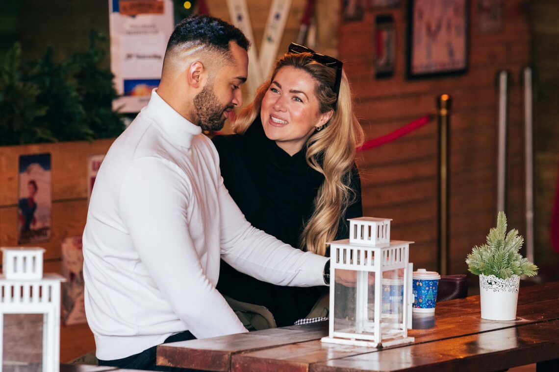 A couple enjoying a private moment and hot drinks at Winter Wonderland